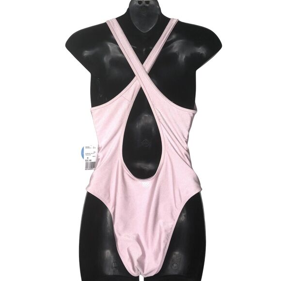 Get Salty One Piece Swimsuit NEW FOREVER 21 UPF 50+ Medium Pink Silver Mesh - Picture 4 of 8